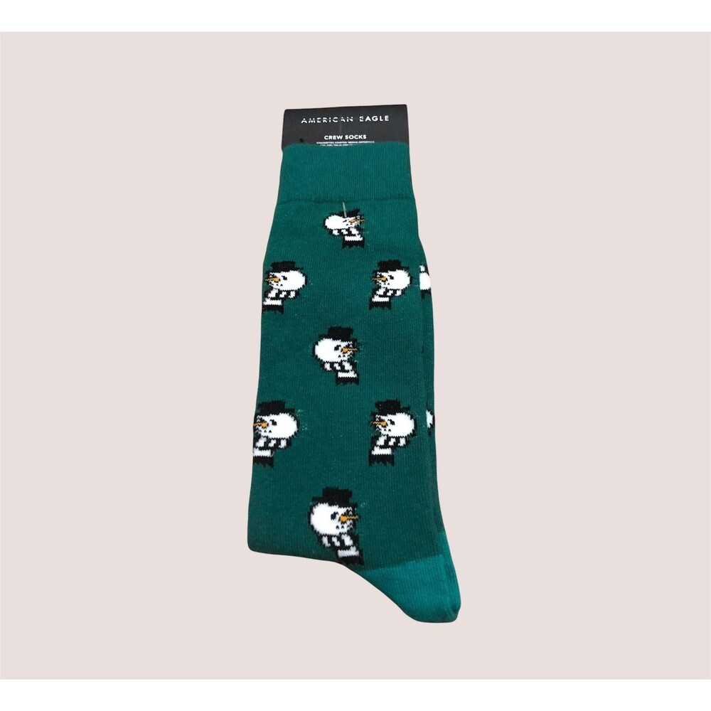 American Eagle Men's Crew Socks Green Snowman